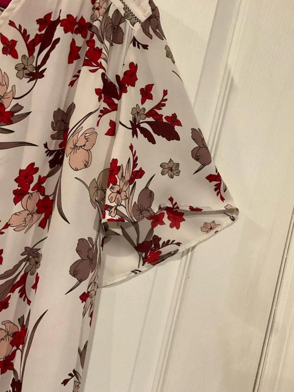 Women's Floral Short-Sleeve Blouse - Red & Taupe on Cream - Picture 2 of 6